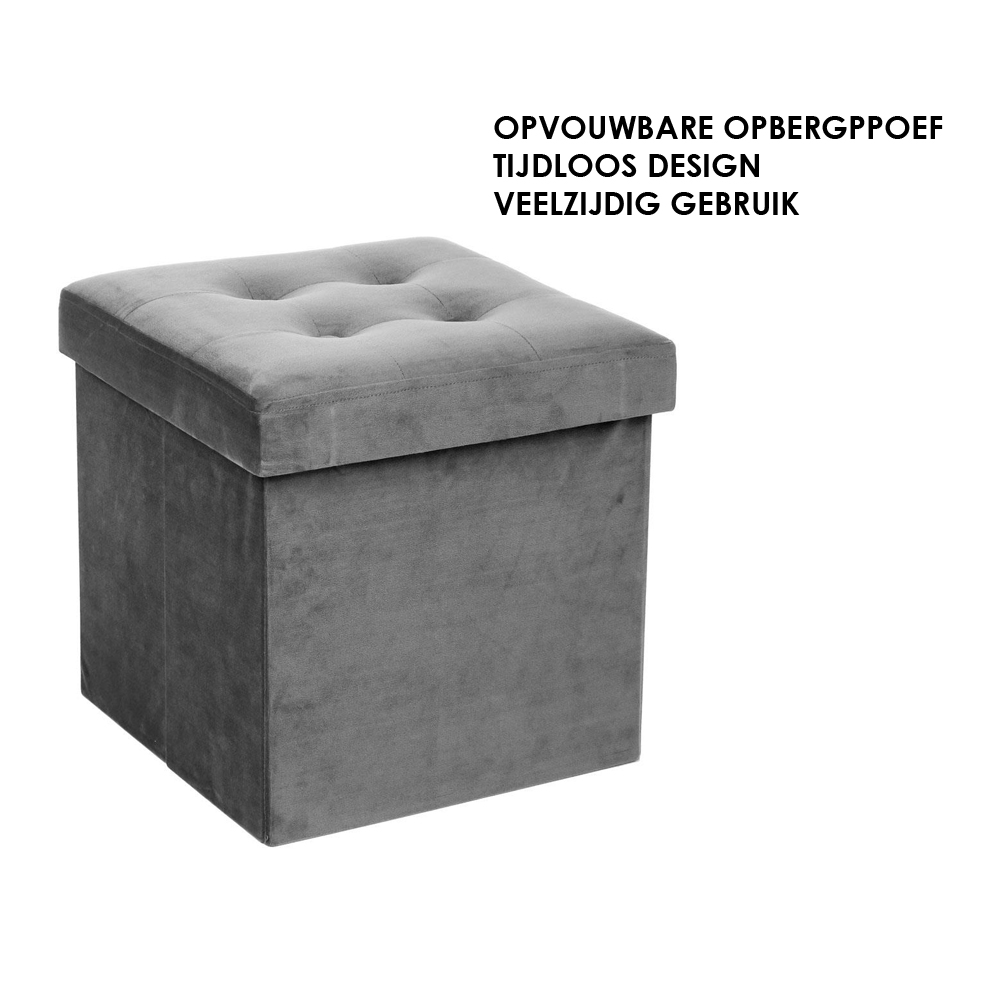 Opvouwbare Opberg Poef - Voetenbank Met Opbergruimte - Opbergbox Hocker - 38x38cm - Velvet Grijs