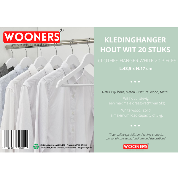Wooners® Houten Kledinghangers - 20 Stuks - met Inkeping en Broeklat - Wit